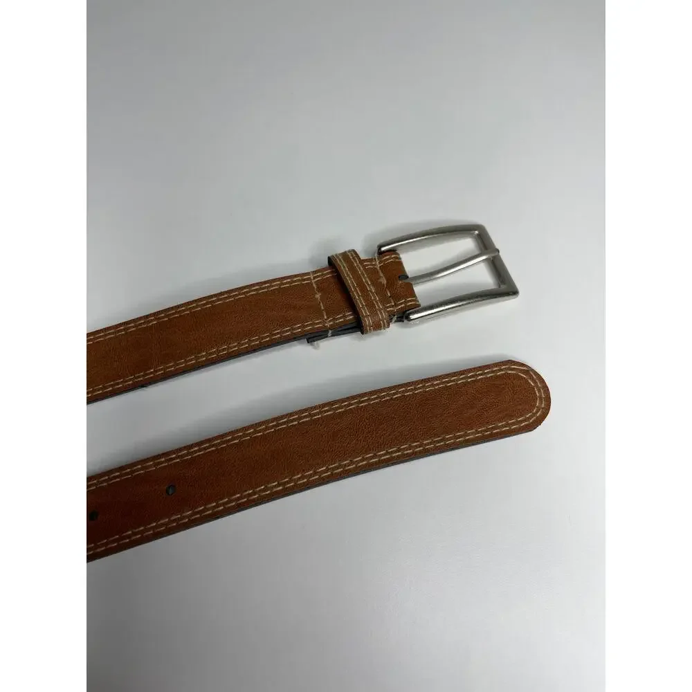 Vintage Women’s Brown Faux Leather Belt, Silver Buckle, Contrast Stitching 41.5”
